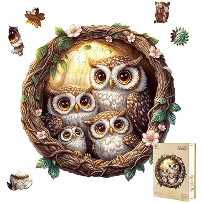 WOODEN PUZZLE ADULT 3D OWL FAMILY - 290 PIECES ROUND PUZZLE GIFT BOX WALL DECORATION (ADULTS / CHILDREN) - Image 1